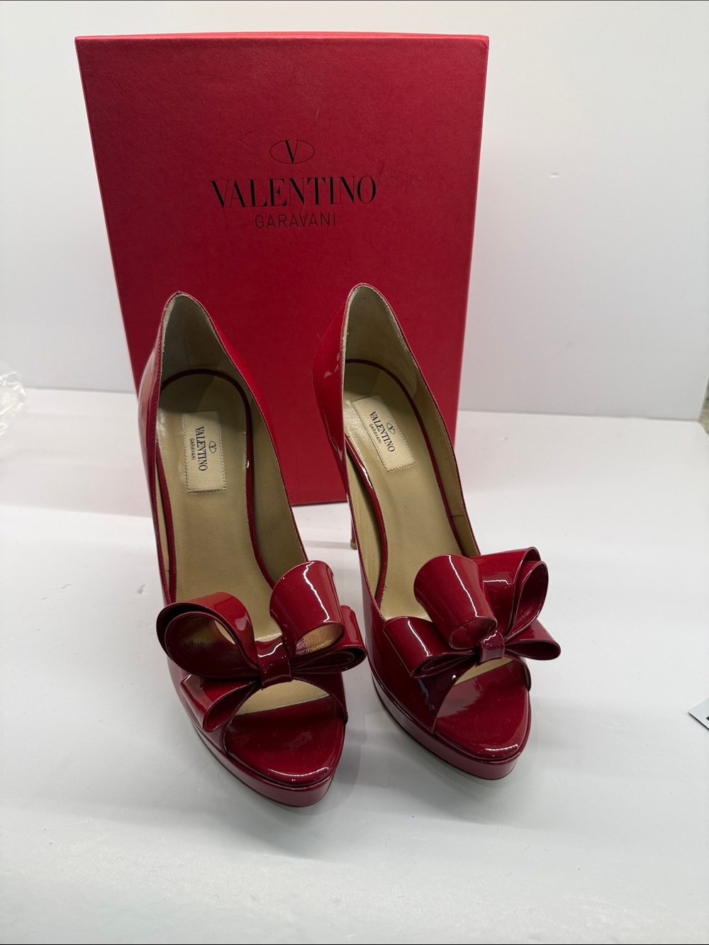 Valentino Red Patent Leather Bow Peep-Toe Pumps with Platform